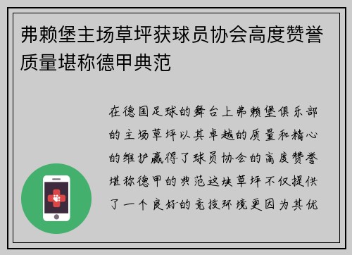 弗赖堡主场草坪获球员协会高度赞誉质量堪称德甲典范 弗赖堡主场草坪获球员协会高度赞誉质量堪称德甲典范